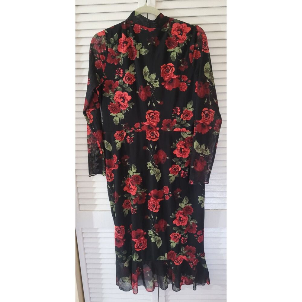 Ember Black Red Rose Floral Mock Neck Long Sleeve Midi Dress Size XL - Picture 2 of 3